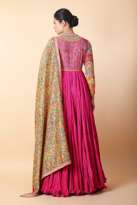 Shop_Debyani + CO_Magenta Cotton Embroidery, Mirrors, Cut Work Floral Print Anarkali With Dupatta _at_Aza_Fashions