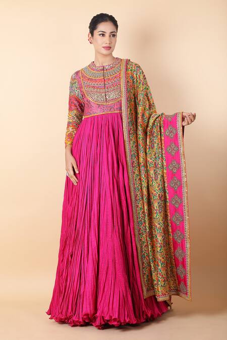 Debyani + CO_Magenta Cotton Embroidery, Mirrors, Cut Work Floral Print Anarkali With Dupatta _Online_at_Aza_Fashions