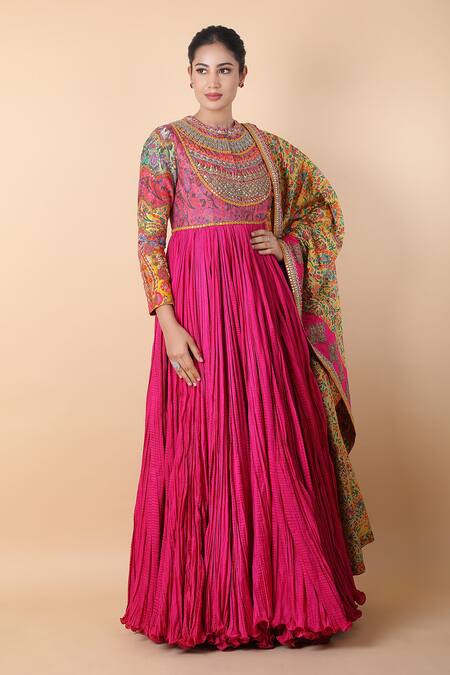 Buy_Debyani + CO_Magenta Cotton Embroidery, Mirrors, Cut Work Floral Print Anarkali With Dupatta _Online_at_Aza_Fashions