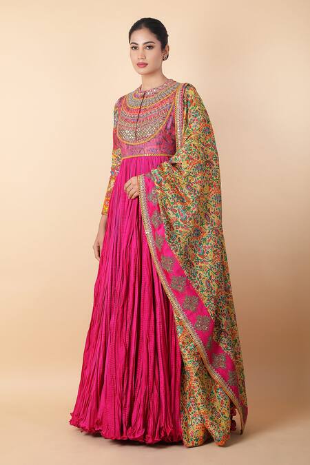 Shop_Debyani + CO_Magenta Cotton Embroidery, Mirrors, Cut Work Floral Print Anarkali With Dupatta _Online_at_Aza_Fashions