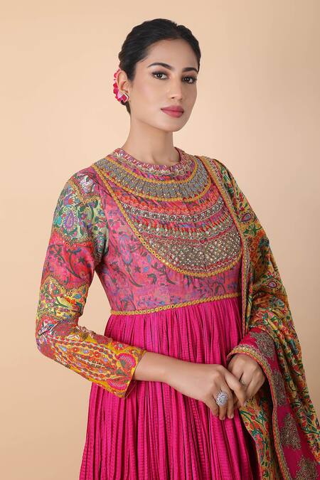 Debyani + CO_Magenta Cotton Embroidery, Mirrors, Cut Work Floral Print Anarkali With Dupatta _at_Aza_Fashions