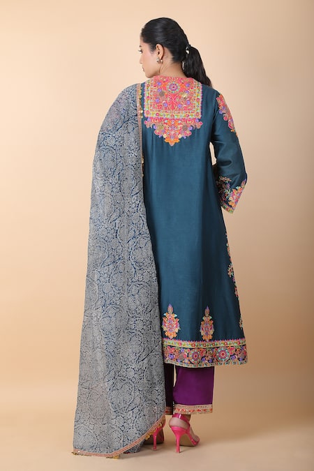 Shop_Debyani + CO_Blue Sequins, Tassels, Embroidery Round Neck Botanical Print Anarkali Set _at_Aza_Fashions