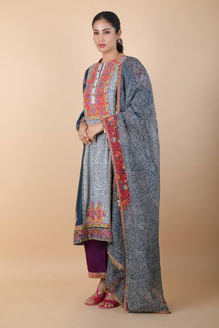 Debyani + CO_Blue Sequins, Tassels, Embroidery Round Neck Botanical Print Anarkali Set _Online_at_Aza_Fashions