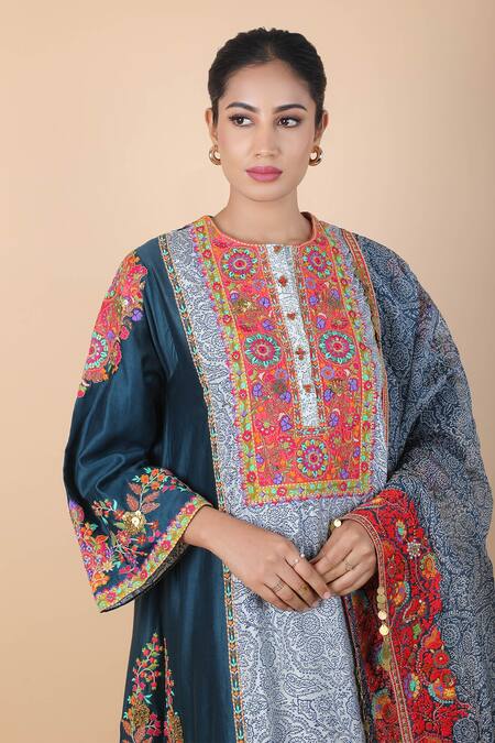 Buy_Debyani + CO_Blue Sequins, Tassels, Embroidery Round Neck Botanical Print Anarkali Set _Online_at_Aza_Fashions