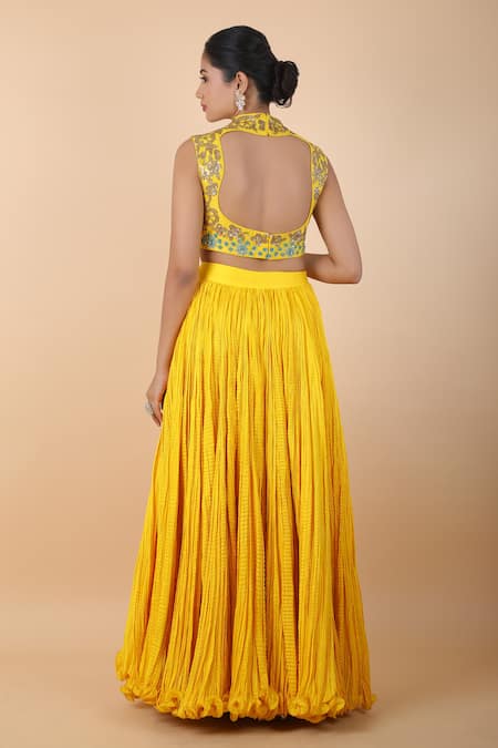 Shop_Debyani + CO_Yellow Chiffon Sequins, Embroidery Floral Blouse Lehenga Set _at_Aza_Fashions