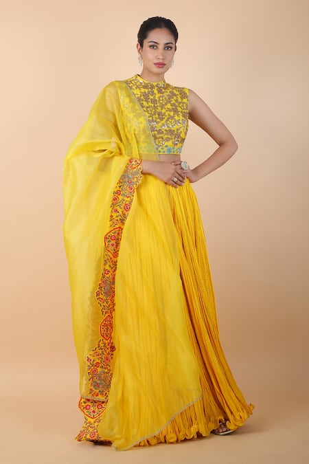 Debyani + CO_Yellow Chiffon Sequins, Embroidery Floral Blouse Lehenga Set _Online_at_Aza_Fashions