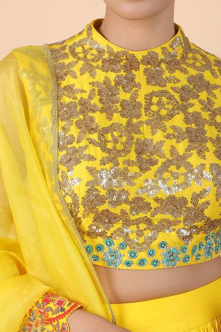 Buy_Debyani + CO_Yellow Chiffon Sequins, Embroidery Floral Blouse Lehenga Set _Online_at_Aza_Fashions