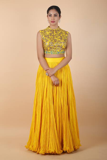 Debyani + CO_Yellow Chiffon Sequins, Embroidery Floral Blouse Lehenga Set _at_Aza_Fashions
