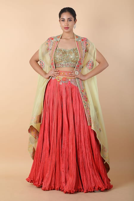 Debyani + Co Red Printed Floral Blouse Crushed Lehenga Set With Embroidered Cape 