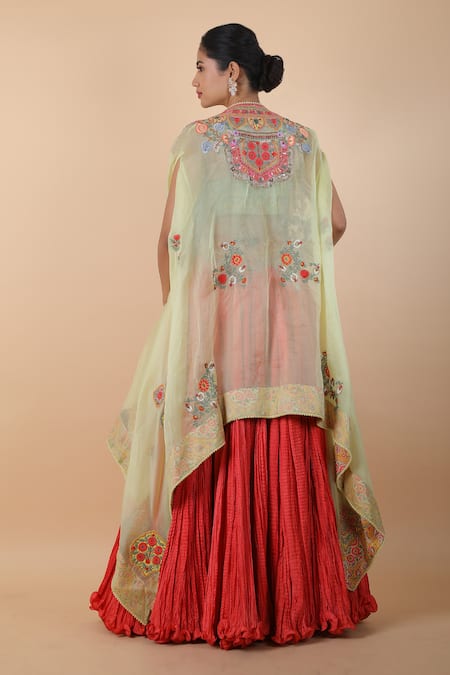 Debyani + CO Crushed Lehenga Set With Embroidered Cape 