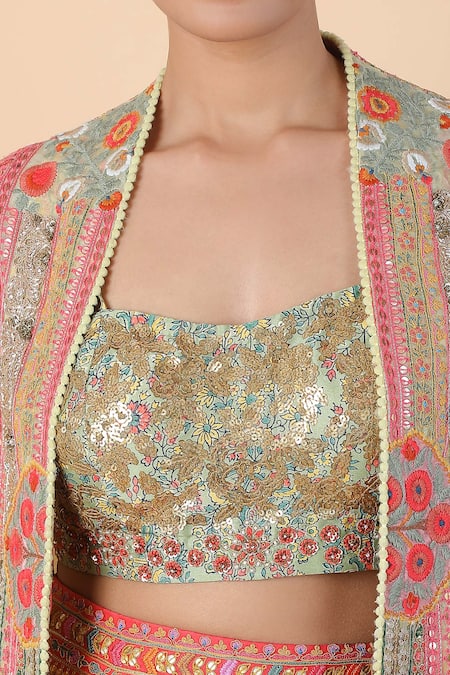 Debyani + CO_Red Embroidery Sweetheart Neck Crushed Lehenga Set With Cape _Online_at_Aza_Fashions