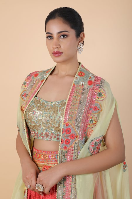 Buy_Debyani + CO_Red Embroidery Sweetheart Neck Crushed Lehenga Set With Cape _Online_at_Aza_Fashions