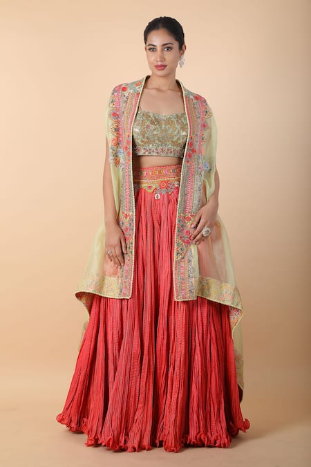 Shop_Debyani + CO_Red Embroidery Sweetheart Neck Crushed Lehenga Set With Cape _Online_at_Aza_Fashions