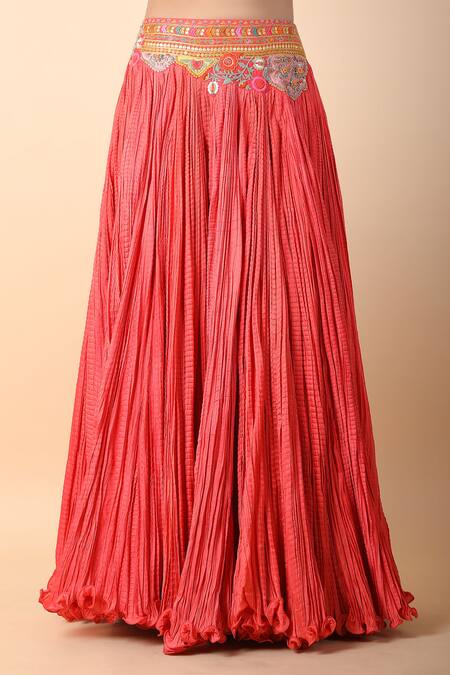 Debyani + CO_Red Embroidery Sweetheart Neck Crushed Lehenga Set With Cape _at_Aza_Fashions