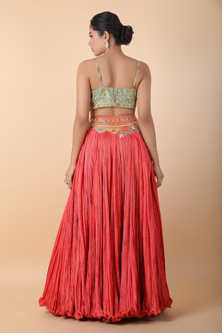 Buy_Debyani + CO_Red Embroidery Sweetheart Neck Crushed Lehenga Set With Cape 