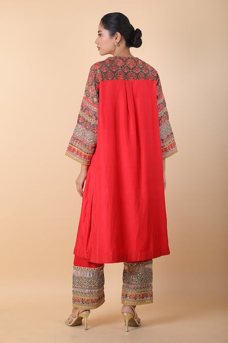 Shop_Debyani + CO_Red Cotton Embroidery Round Neck Meenakari Kurta And Palazzo Set _at_Aza_Fashions