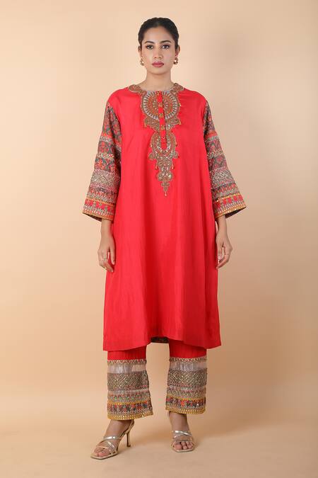 Debyani + CO_Red Cotton Embroidery Round Neck Meenakari Kurta And Palazzo Set _Online_at_Aza_Fashions