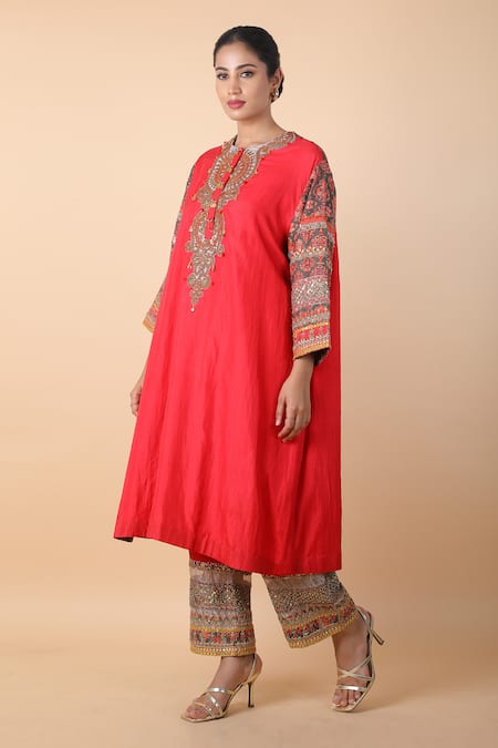 Buy_Debyani + CO_Red Cotton Embroidery Round Neck Meenakari Kurta And Palazzo Set _Online_at_Aza_Fashions