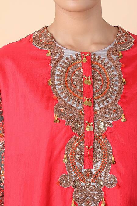 Shop_Debyani + CO_Red Cotton Embroidery Round Neck Meenakari Kurta And Palazzo Set _Online_at_Aza_Fashions