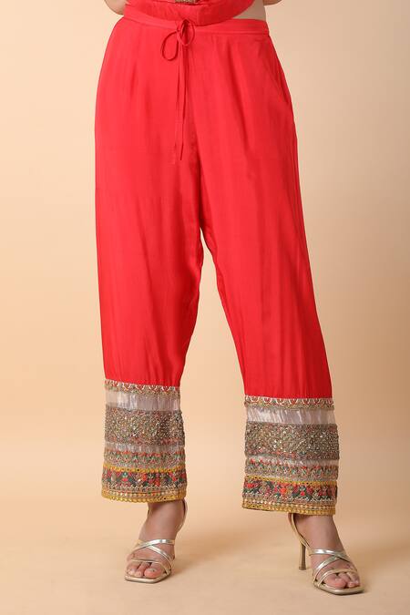 Debyani + CO_Red Cotton Embroidery Round Neck Meenakari Kurta And Palazzo Set _at_Aza_Fashions