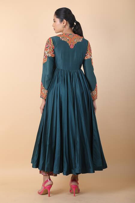 Shop_Debyani + CO_Blue Cotton Embroidery, Mirrors Round Neck Kalidar Kurta And Pant Set _at_Aza_Fashions