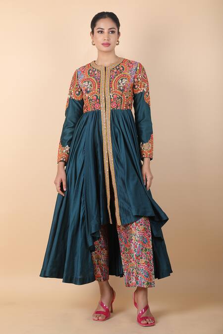 Debyani + CO_Blue Cotton Embroidery, Mirrors Round Neck Kalidar Kurta And Pant Set _Online_at_Aza_Fashions