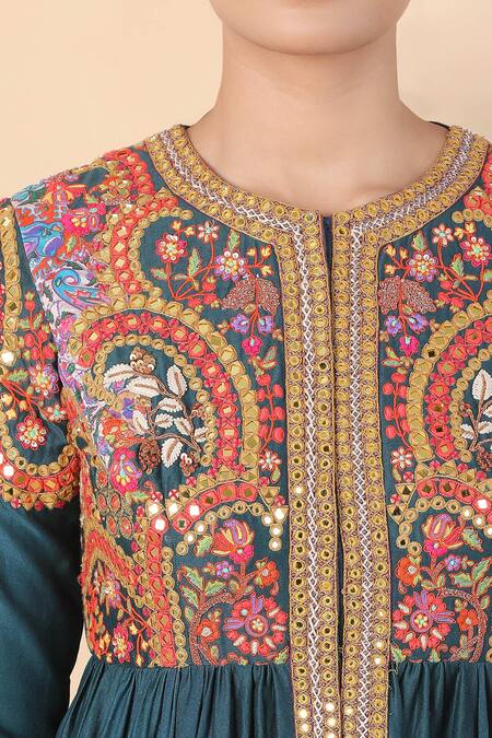 Debyani + CO_Blue Cotton Embroidery, Mirrors Round Neck Kalidar Kurta And Pant Set _at_Aza_Fashions