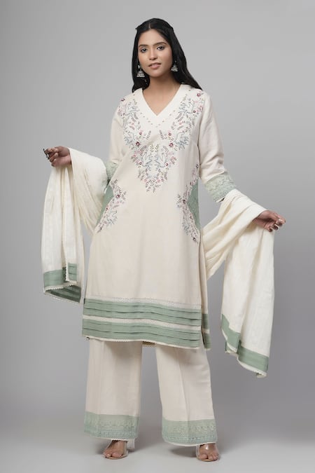 Kushani Beige Cotton Linen Embroidery Thread V Forest Garden Kurta Pant Set 