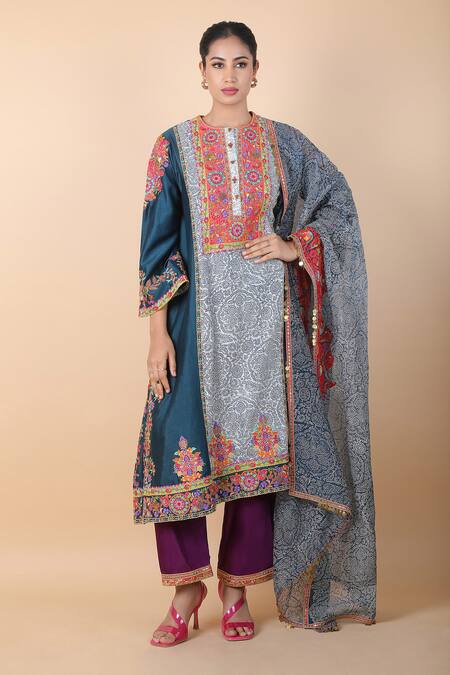 Shop_Debyani + CO_Blue Sequins, Tassels, Embroidery Round Neck Botanical Print Anarkali Set _Online_at_Aza_Fashions