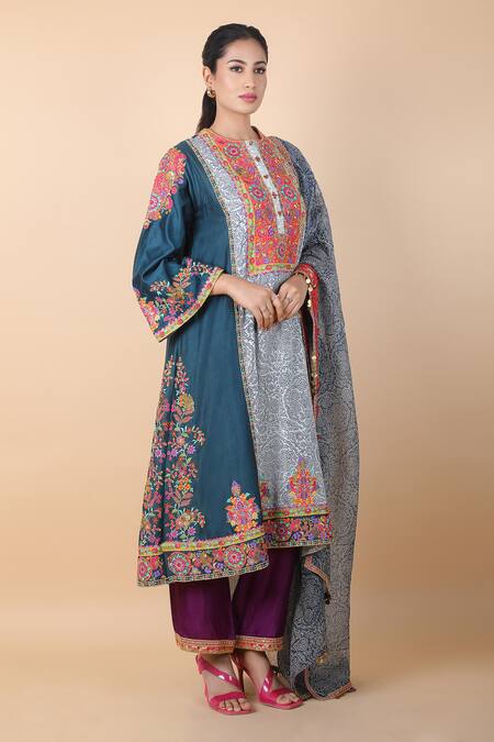 Debyani + CO_Blue Sequins, Tassels, Embroidery Round Neck Botanical Print Anarkali Set _at_Aza_Fashions