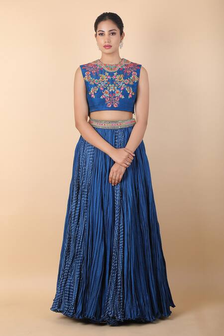 Debyani + CO_Blue Cotton Embroidery Round Neck, Placement Bandhani Print Skirt And Jacket Set _at_Aza_Fashions