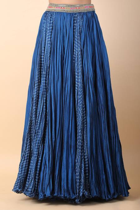 Shop_Debyani + CO_Blue Cotton Embroidery Round Neck, Placement Bandhani Print Skirt And Jacket Set 