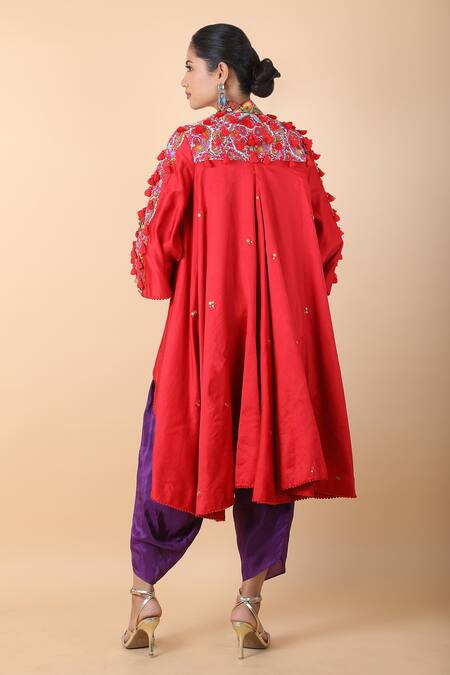 Shop_Debyani + CO_Red Silk Tassels, Embroidery Collared Floral Asymmetric Tunic With Dhoti Pant _at_Aza_Fashions