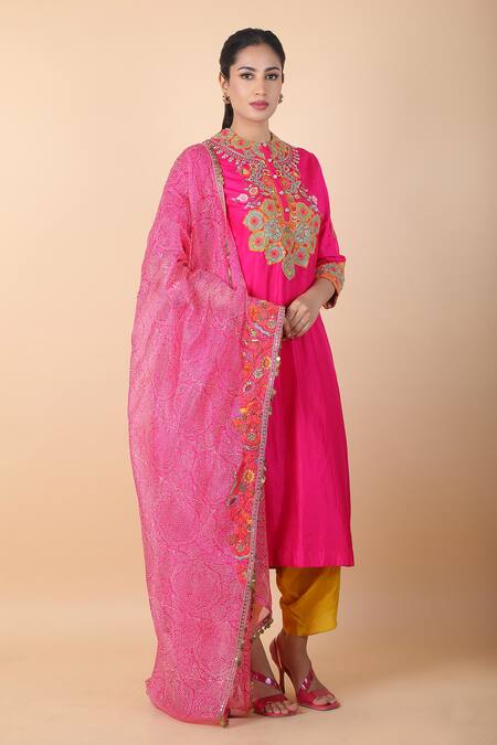 Buy_Debyani + CO_Magenta Cotton, Silk, Chiffon Embroidery Round Neck Floral Kurta Dhoti Pant Set 