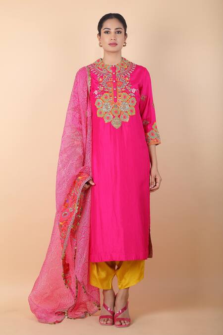 Shop_Debyani + CO_Magenta Cotton, Silk, Chiffon Embroidery Round Neck Floral Kurta Dhoti Pant Set 