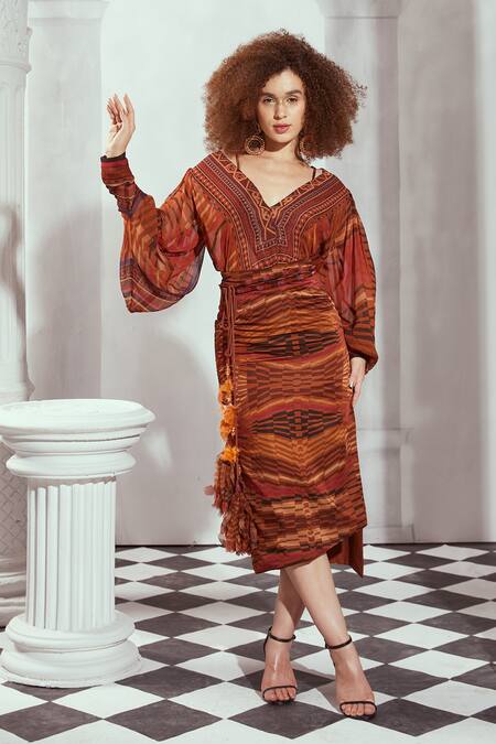 Nikita Mhaisalkar Orange Silk Satin Byzantine Print Asymmetric Skirt Online at Aza Fashions Nikita Mhaisalkar_Orange Silk Satin Byzantine Print Asymmetric Skirt _Online_at_Aza_Fashions