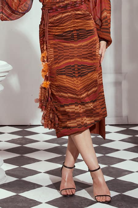 Buy Nikita Mhaisalkar Orange Silk Satin Byzantine Print Asymmetric Skirt Online at Aza Fashions Buy_Nikita Mhaisalkar_Orange Silk Satin Byzantine Print Asymmetric Skirt _Online_at_Aza_Fashions