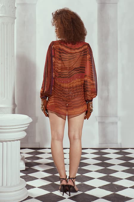 Shop Nikita Mhaisalkar Orange Silk Satin Byzantine Print Asymmetric Skirt Online at Aza Fashions Shop_Nikita Mhaisalkar_Orange Silk Satin Byzantine Print Asymmetric Skirt _Online_at_Aza_Fashions