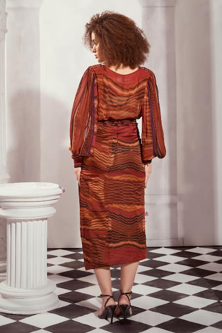 Shop Nikita Mhaisalkar Orange Silk Satin Byzantine Print Asymmetric Skirt at Aza Fashions Shop_Nikita Mhaisalkar_Orange Silk Satin Byzantine Print Asymmetric Skirt _at_Aza_Fashions