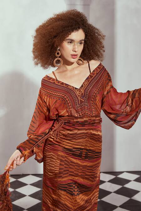 Buy Nikita Mhaisalkar Orange Georgette Embroidery V-neck Byzantine Print Top Online at Aza Fashions Buy_Nikita Mhaisalkar_Orange Georgette Embroidery V-neck Byzantine Print Top _Online_at_Aza_Fashions