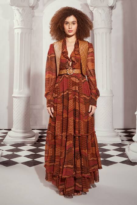 Nikita Mhaisalkar_Orange Georgette V-neck Byzantine Print Gown _Online_at_Aza_Fashions