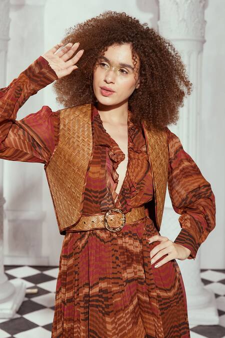 Buy_Nikita Mhaisalkar_Orange Georgette V-neck Byzantine Print Gown _Online_at_Aza_Fashions