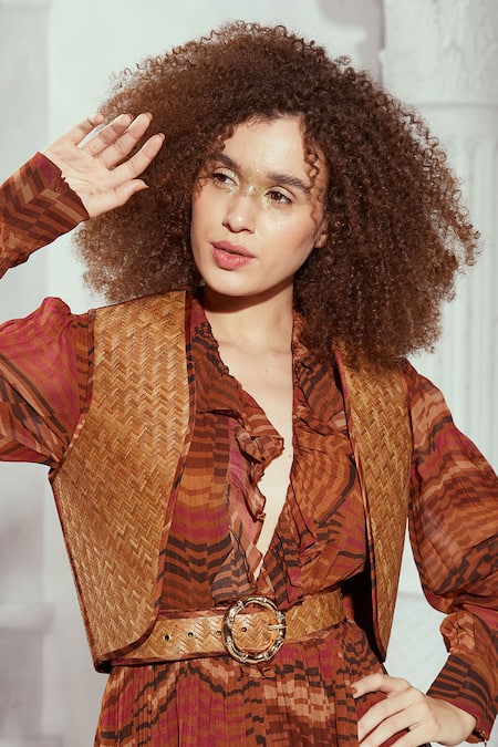 Buy Nikita Mhaisalkar Brown Bamboo Basket Weave Waist Jacket Online at Aza Fashions Buy_Nikita Mhaisalkar_Brown Bamboo Basket Weave Waist Jacket _Online_at_Aza_Fashions