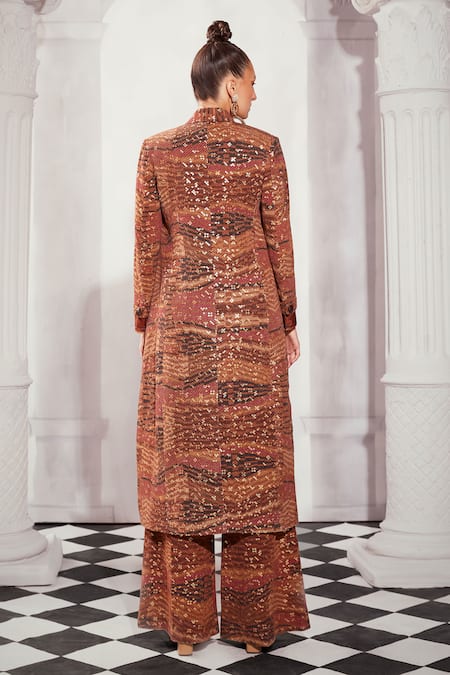 Shop Nikita Mhaisalkar Orange Georgette Embroidery Collared Byzantine Print Trench Coat at Aza Fashions Shop_Nikita Mhaisalkar_Orange Georgette Embroidery Collared Byzantine Print Trench Coat _at_Aza_Fashions