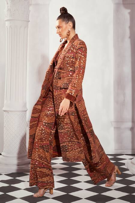 Nikita Mhaisalkar Orange Georgette Embroidery Collared Byzantine Print Trench Coat Online at Aza Fashions Nikita Mhaisalkar_Orange Georgette Embroidery Collared Byzantine Print Trench Coat _Online_at_Aza_Fashions