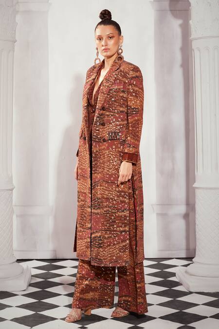 Buy Nikita Mhaisalkar Orange Georgette Embroidery Collared Byzantine Print Trench Coat Online at Aza Fashions Buy_Nikita Mhaisalkar_Orange Georgette Embroidery Collared Byzantine Print Trench Coat _Online_at_Aza_Fashions