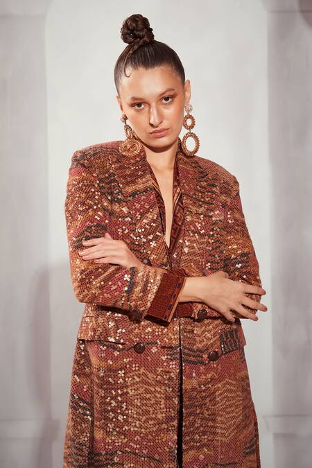 Shop Nikita Mhaisalkar Orange Georgette Embroidery Collared Byzantine Print Trench Coat Online at Aza Fashions Shop_Nikita Mhaisalkar_Orange Georgette Embroidery Collared Byzantine Print Trench Coat _Online_at_Aza_Fashions