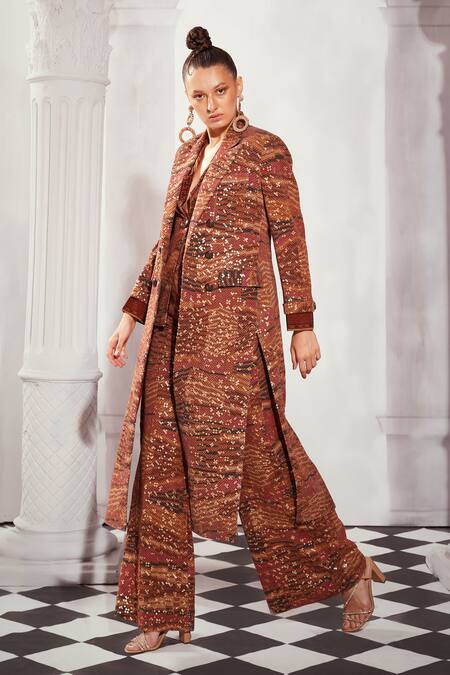 Nikita Mhaisalkar Orange Georgette Embroidery Collared Byzantine Print Trench Coat at Aza Fashions Nikita Mhaisalkar_Orange Georgette Embroidery Collared Byzantine Print Trench Coat _at_Aza_Fashions