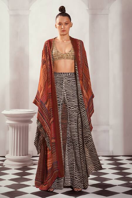 Nikita Mhaisalkar Orange Georgette Embroidery Open Neck Byzantine Print Jacket Online at Aza Fashions Nikita Mhaisalkar_Orange Georgette Embroidery Open Neck Byzantine Print Jacket _Online_at_Aza_Fashions