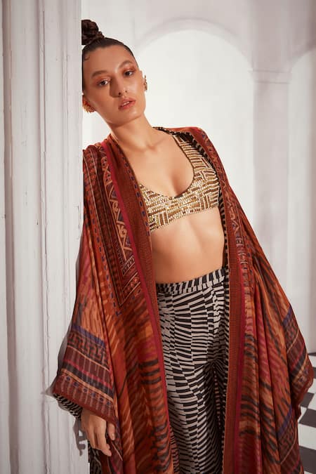 Buy Nikita Mhaisalkar Orange Georgette Embroidery Open Neck Byzantine Print Jacket Online at Aza Fashions Buy_Nikita Mhaisalkar_Orange Georgette Embroidery Open Neck Byzantine Print Jacket _Online_at_Aza_Fashions